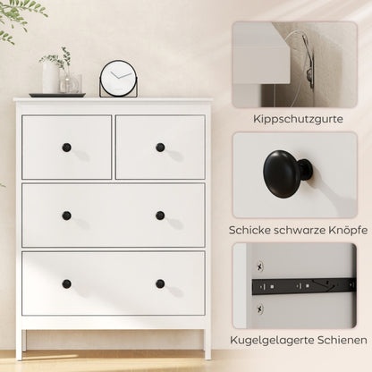 Ladenkast – Ladekast – Commode – Kast – Opbergkast – Wit met zwarte knoppen – Duurzame houten constructie – Ruime 4 laden (≥3,2 cu ft)