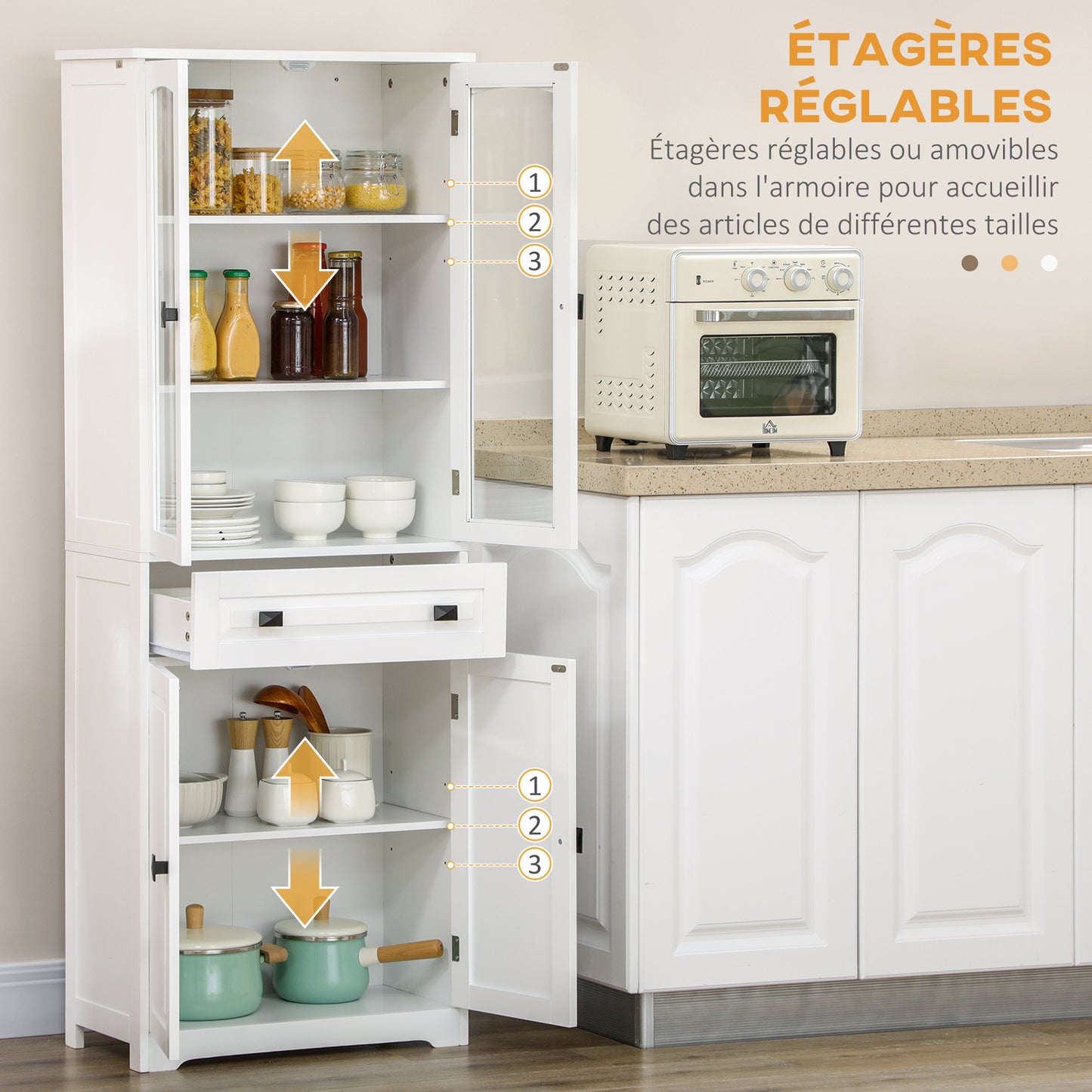 Buffetkast – Hoge Keukenkast – Opbergkast – Dressoir – Wandkast – Wit – MDF Hout – 160 cm Hoog – 2 Glasdeuren & Lade