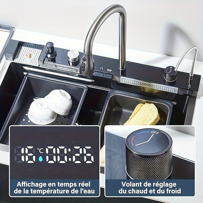 Black Nano Countertop 304 Stainless Steel Waterfall Single Bowl Sink Workstation, with Multifunctional Digital Display Feiyu Pull-out  (gunmetal Gray, 68x45x22cm)