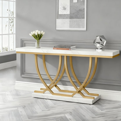 Sidetable – Consoletafel – Wandtafel – Haltafel – Bijzettafel – Wit Kunstmarmerblad – Gouden Metalen Onderstel – Stevig Hardhout & MDF – Vrijstaand & Ruim 150x35 cm
