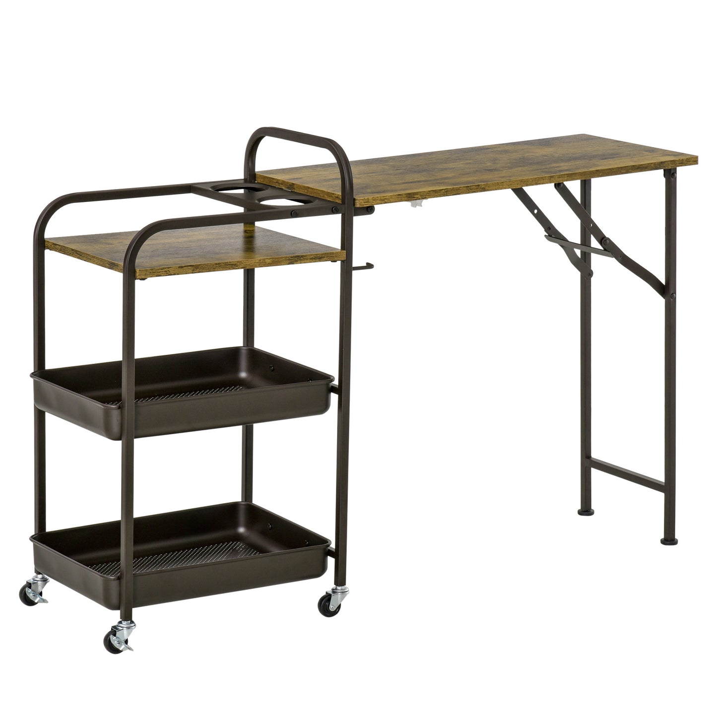 Keukentrolley – Keukenwagen – Serveerwagen – Keukenkast – Keukenrek – Opvouwbaar Werkblad – Verstelbare Pootjes – E1 Spaanplaat Metaal – Rustiek Bruin – 118x36,5x82 cm