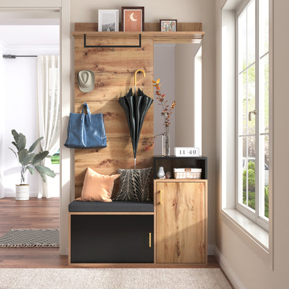 Wandgarderobe – Halmeubel – Schoenenkast – Kapstok – Opbergkast – Zwart MDF Met Houtaccenten – Spiegel – Schoenenbank – Ruimtebesparend Design – 191,5x105x40 cm