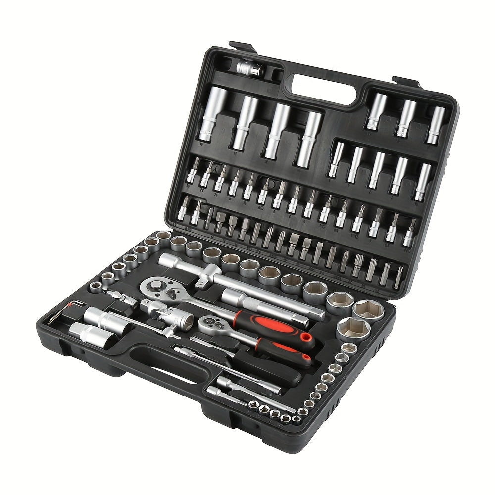 94pcs Auto Repair Tool Set with Durable Metal Sockets & Joint - Heat & Wear Resistant, Polished Finish, Includes Ratchet Handles, Extension Bars, and Hex Key Wrenches in Organized Case - Perfect for Car Maintenance