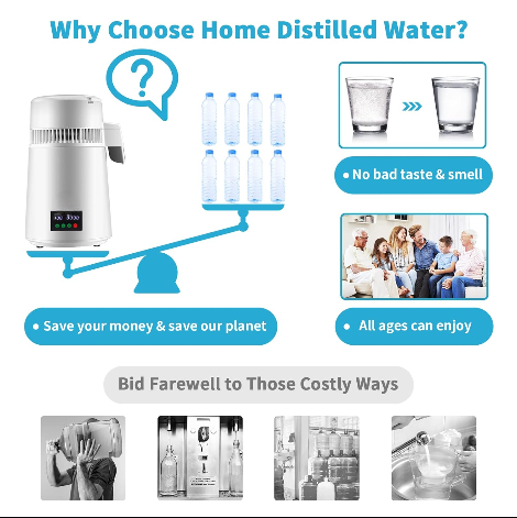 Waterdestilleerder - Zuiver Water Maken - Automatisch Distilleerketel -Filteren 1 L/U - 750W - 304 Roestvrij staal - Wit
