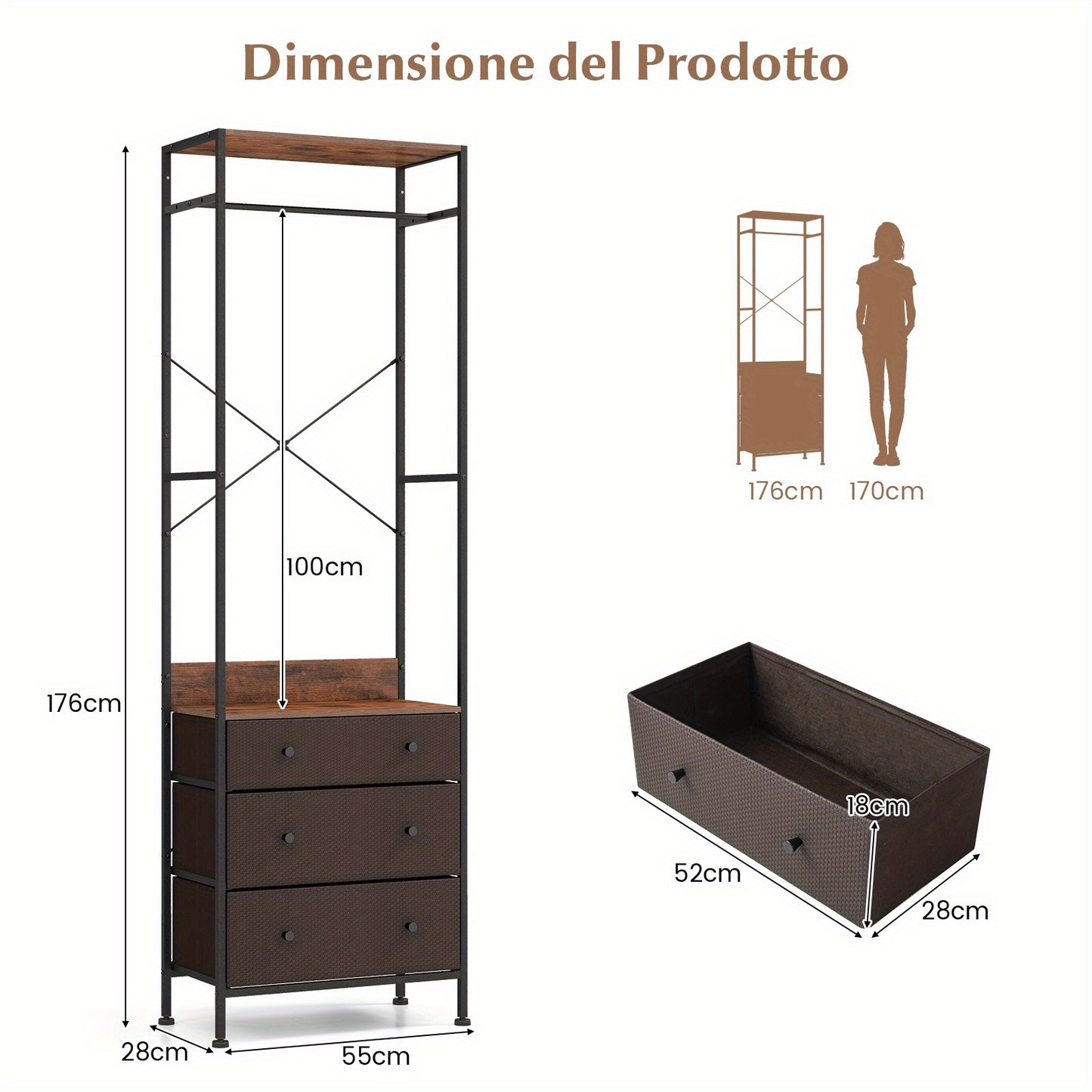 Kledingrek – Kapstok – Kledinghouder – Garderoberek – Jassenrek – Industrieël Design – 3 Uitschuifbare Lades – Verstelbare Kledingstang – Zwart Metalen Frame – 55x28x176 cm