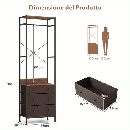 Kledingrek – Kapstok – Kledinghouder – Garderoberek – Jassenrek – Industrieël Design – 3 Uitschuifbare Lades – Verstelbare Kledingstang – Zwart Metalen Frame – 55x28x176 cm