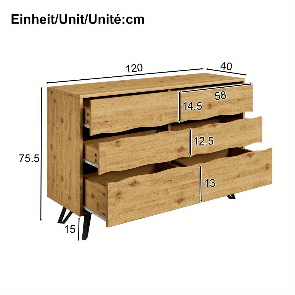 Dressoir – Sideboard – Opbergkast – Ladenkast – Kast – Natuurlijk Kleur – 6 Lades – Metalen Pootjes – Ruime Opbergruimte – Eenvoudige Montage