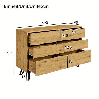 Dressoir – Sideboard – Opbergkast – Ladenkast – Kast – Natuurlijk Kleur – 6 Lades – Metalen Pootjes – Ruime Opbergruimte – Eenvoudige Montage