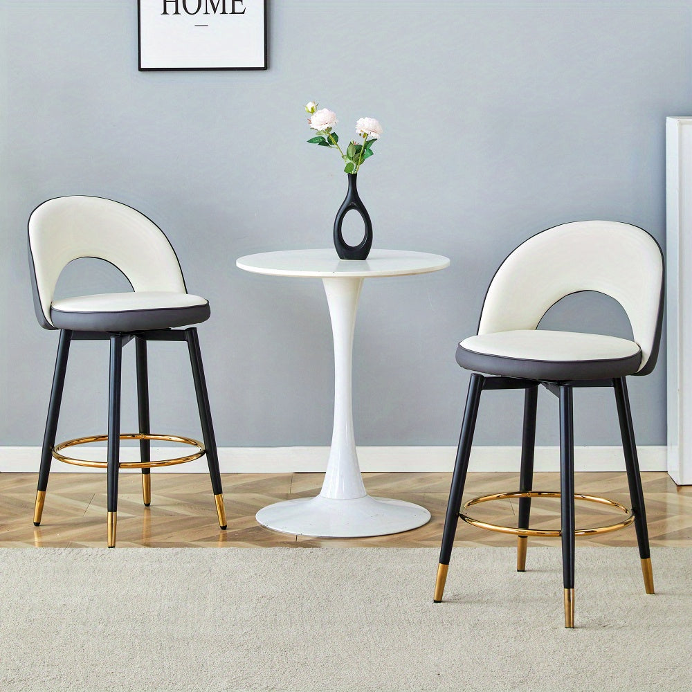 360° Draaibare Barkruk – Moderne Wit & Donkergrijs Twee-Tonen PU Kruk met Zachte Gewatteerde Zitting en Rugleuning, Eenvoudig te Monteren, Perfect voor Keuken, Eetkamer of Terras