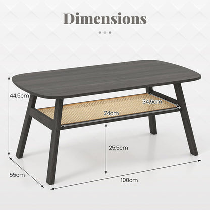 2-Level Rectangular Coffee Table with Rattan Tray, Coffee Table with Robust Storage