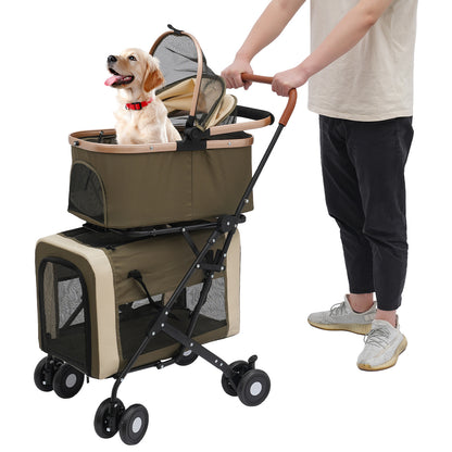 2-Tier Pet Stroller | Premium Materials, Breathable and Comfortable, Multifunctional Design, Easy to Store and Carry, Suitable for Cats and Dogs, NaMaSyo, Army Green