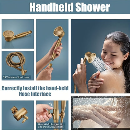 Douchekraan – Doucheset – Douchemengkraan – Thermostaatkraan – Handdouche – 20 cm Regendouchekop – Antiek Messing – Met Plank