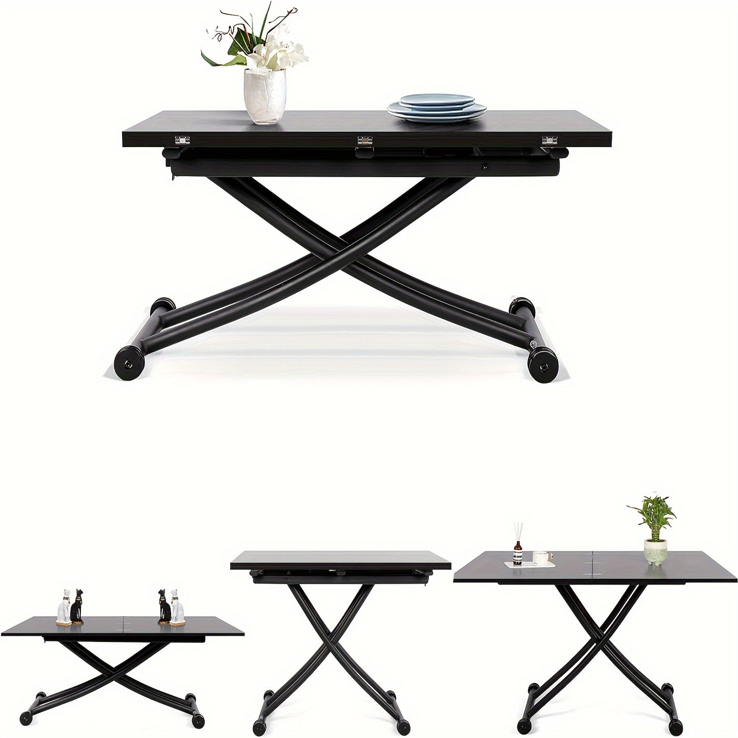 Verstelbare Eettafel – Multifunctionele Tafel – Koffietafel – Werkplek – Bijzettafel – Zwart Notenhout – Stabiel Metalen Frame – Hoogte Verstelbaar