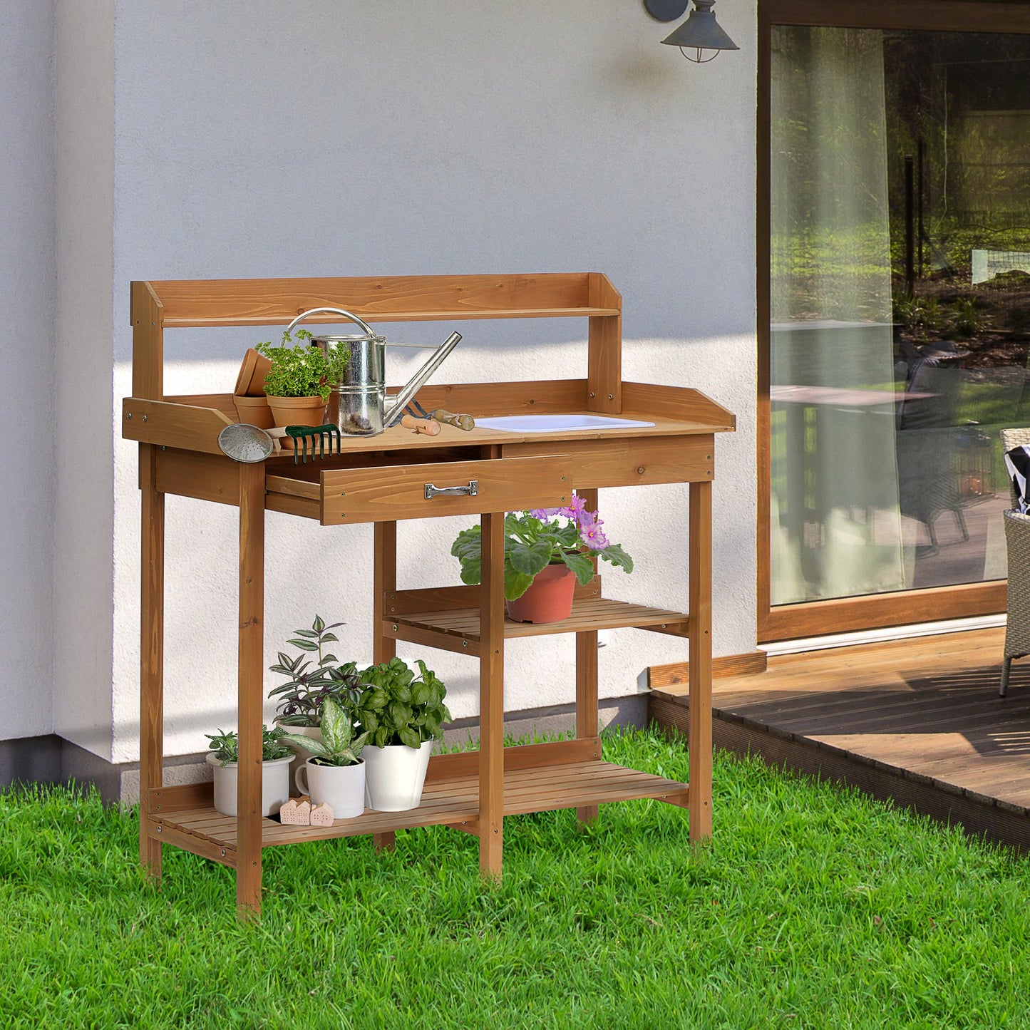Tuinwerktafel – Plantentafel – Bloementafel – Tuinbureau – Werkbank – Grenenhout – Wasbak Ingebouwd – Werkhoogte 90 cm
