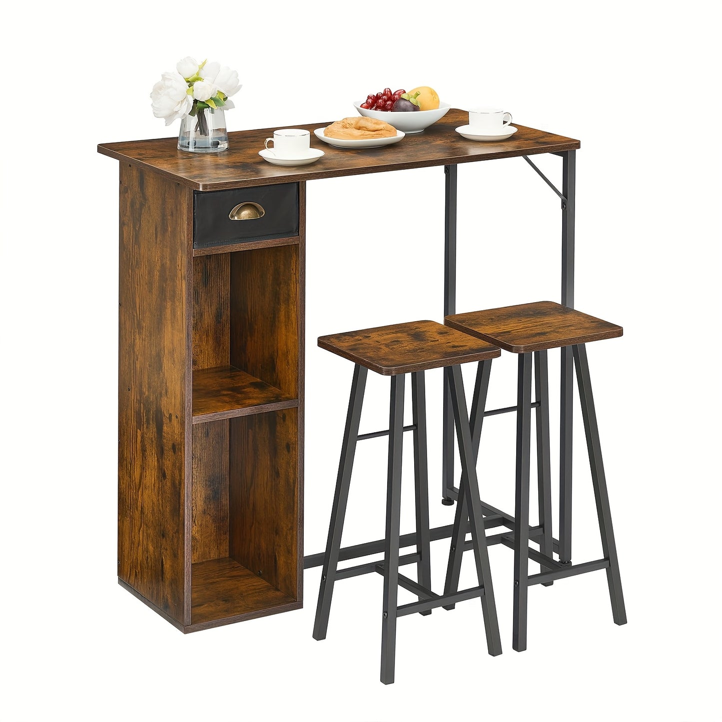 3pcs Dining Table Set for 2, Kitchen Table and Chairs with Storage Drawer & Shelf - Compact Kitchen Table and 2 Bar Stools, Perfect for Small Kitchens, Apartments, Brown, Spacesaving Furniture, Minimalist Furniture, Contempor