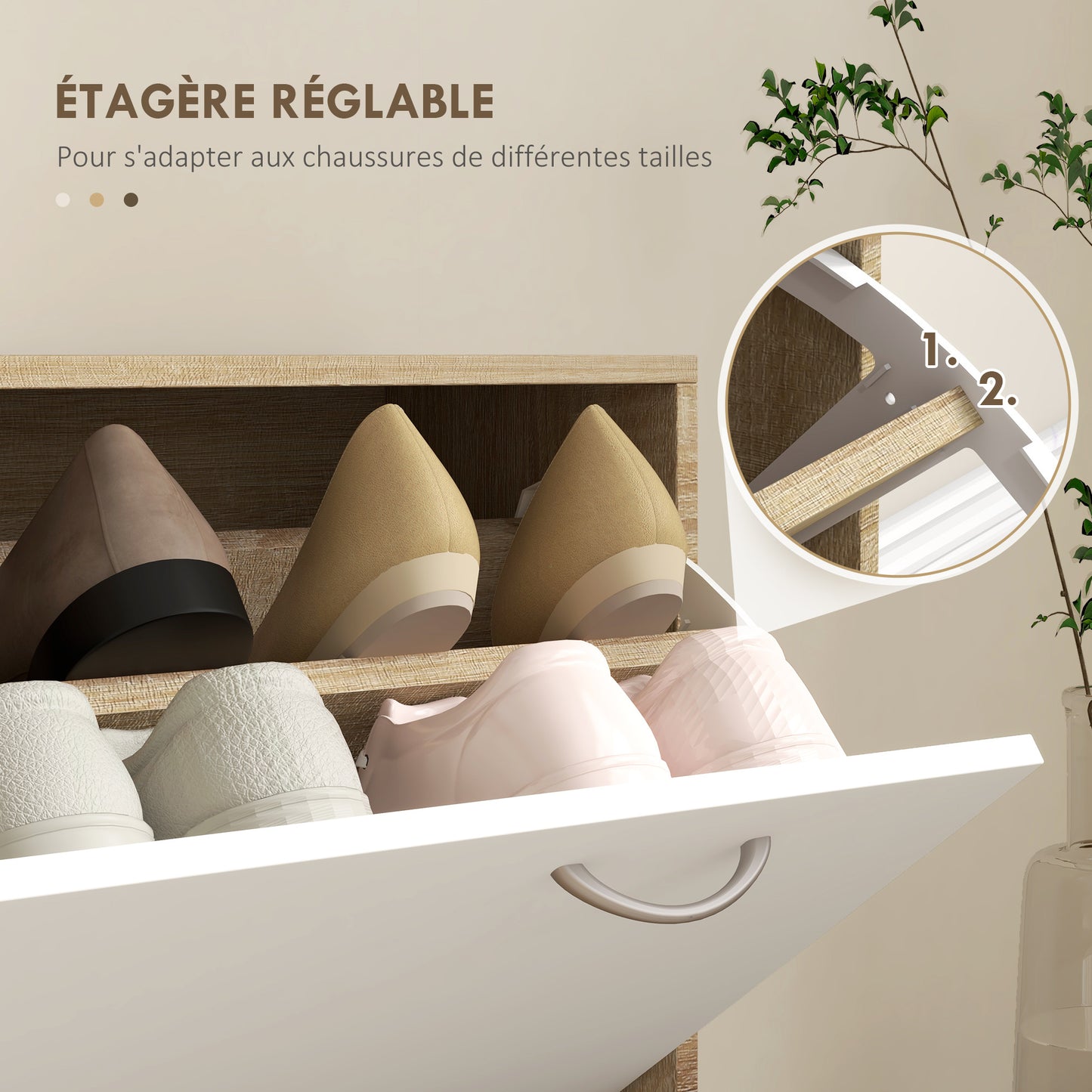 Halmeubel – Kapstok – Schoenenkast – Halbank – Garderoberek – 3-in-1 Multifunctioneel – Melamine Spaanplaat – 6 Haken & Spiegel – Natuurlijk Houtwit