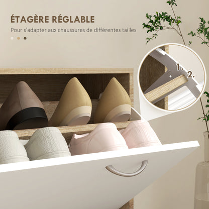 Halmeubel – Kapstok – Schoenenkast – Halbank – Garderoberek – 3-in-1 Multifunctioneel – Melamine Spaanplaat – 6 Haken & Spiegel – Natuurlijk Houtwit