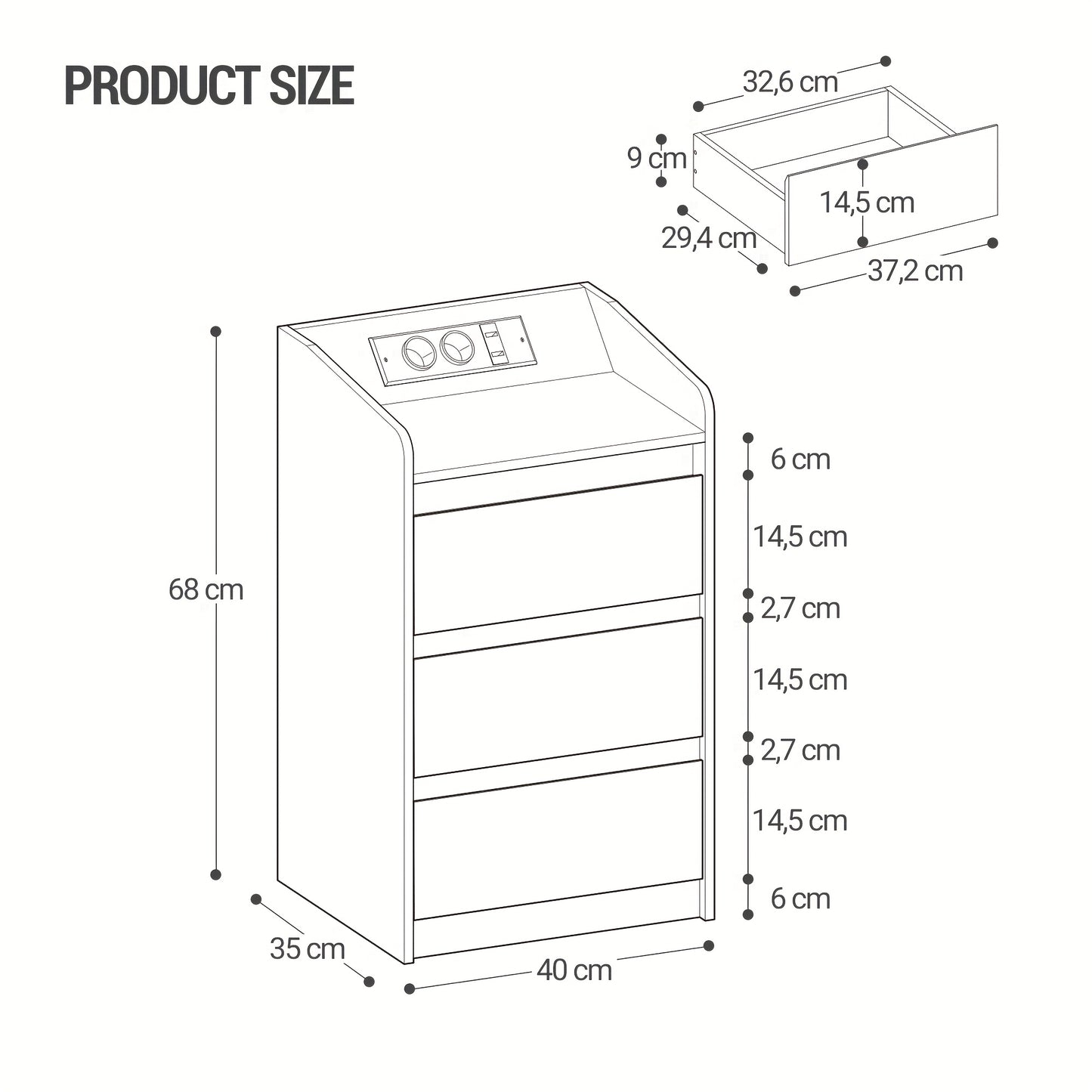 Nachttafel Set – Nachtkastje – Bijzettafel – Bedkastje – Ladeblok – Met Oplaadstation en LED-verlichting – 2 AC Stopcontacten en 2 USB-poorten – 3 Laden – Wit – Compacte Afmetingen 35x40x68 cm