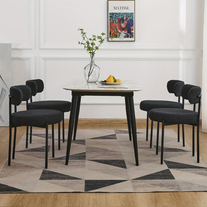 Eetkamerstoel – Keukenstoel – Stoel – Kuipstoel – Set van 4 – Bouclé Bekleding – Zwart Metalen Frame – Comfortabele Gebogen Rugleuning