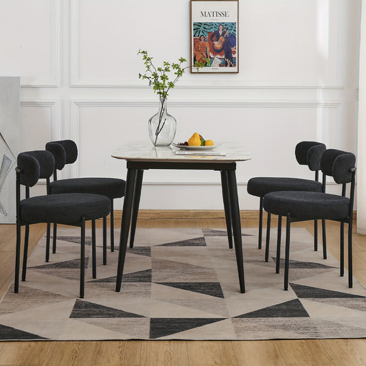 Eetkamerstoel – Keukenstoel – Stoel – Kuipstoel – Set van 4 – Bouclé Bekleding – Zwart Metalen Frame – Comfortabele Gebogen Rugleuning