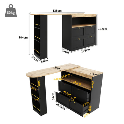 Barstoel – Barkruk – Eetstoel – Barkrukje – Stoel – Zwarte Houten Barstoel – 360° Draaibaar Tafelblad – 4 Laden & Open Planken