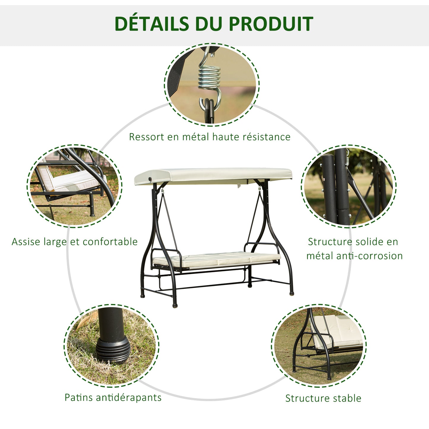3-zits Tuinbank Schommel – Tuinbank Schommelbank – Buitenschommel – Tuinbank Ligbed – Licht Beige – Verstelbaar Zonnescherm – 8 cm Dik Kussen – Epoxy Gecoat Metaal