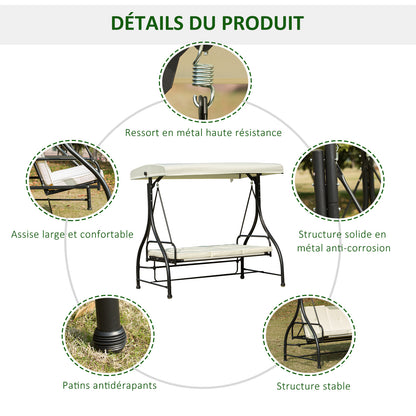 3-zits Tuinbank Schommel – Tuinbank Schommelbank – Buitenschommel – Tuinbank Ligbed – Licht Beige – Verstelbaar Zonnescherm – 8 cm Dik Kussen – Epoxy Gecoat Metaal