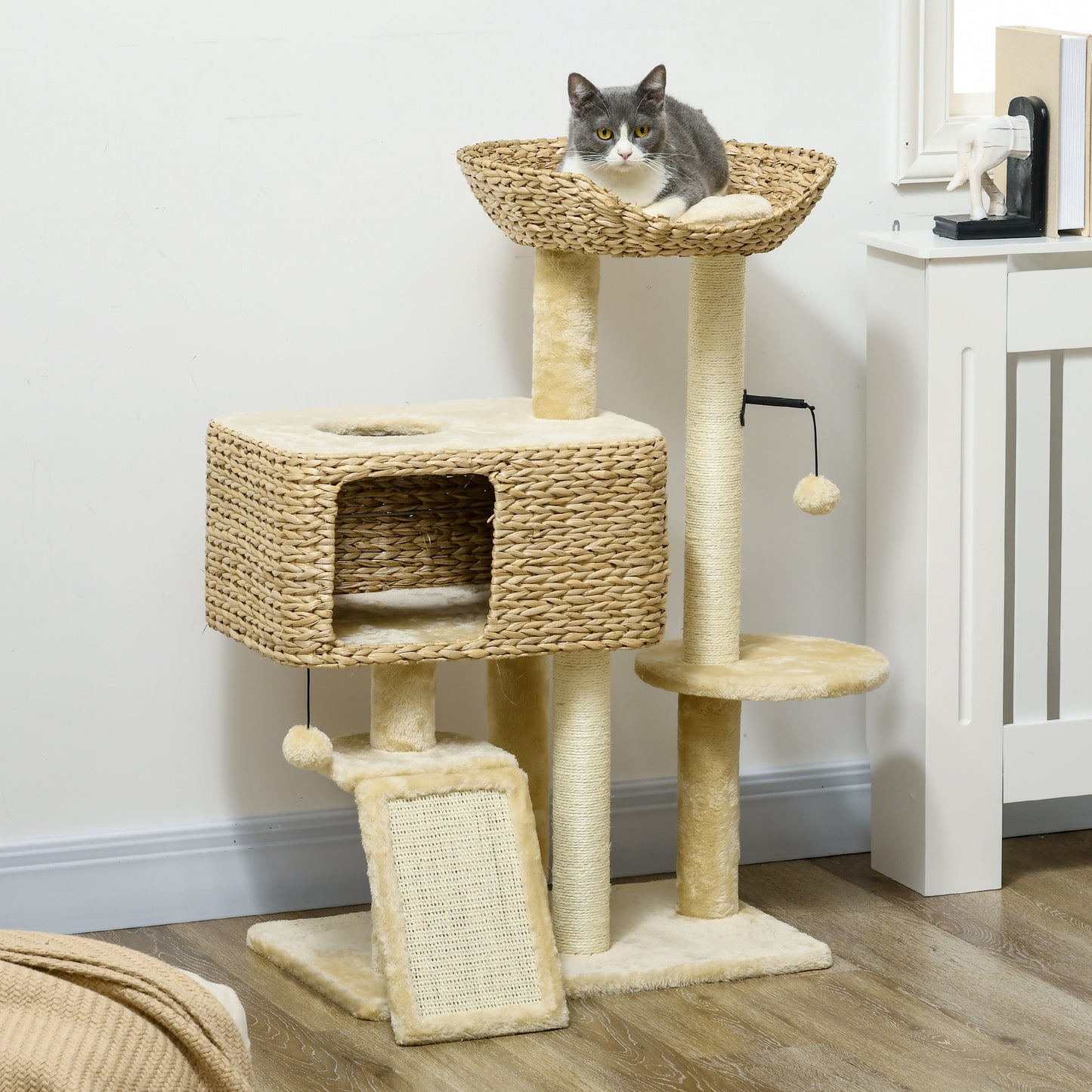 Kattenkrabpaal – Klimeiland – Speeltoren – Kattenhuis – Krabmeubel – Inclusief Hangende Pomponnen – 98 cm Hoog – Beige
