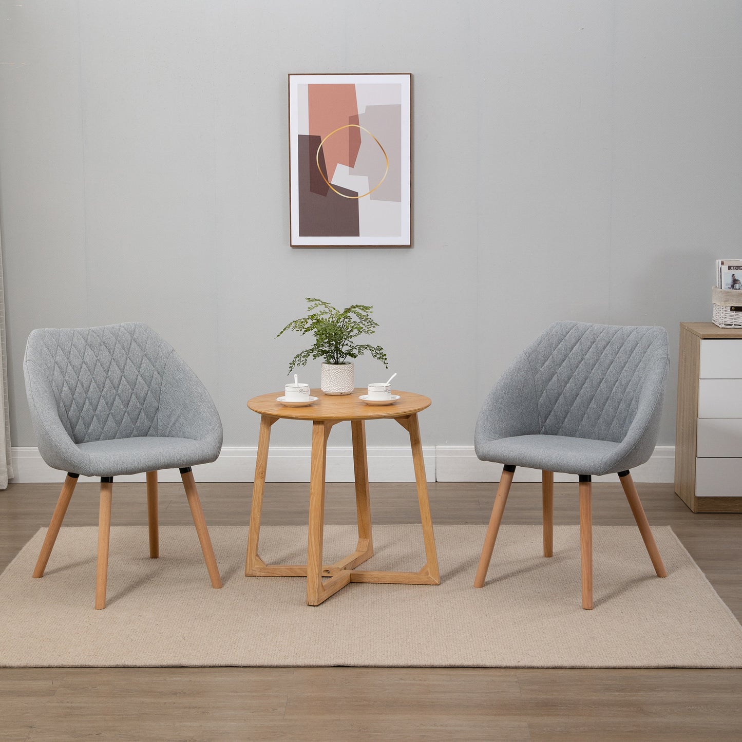 HOMCOM Set of 2 Dining Chairs Scandinavian Design - Tapered Legs Beech Wood - Seat Backrest Armrests Ergonomic Linen Grey