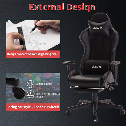 Game stoel – Gamingstoel – Racestoel – Bureaustoel – Fauteuil – Ergonomische Lendensteun – Verstelbare Voetensteun – Zwart Kunstleer – Memory Foam