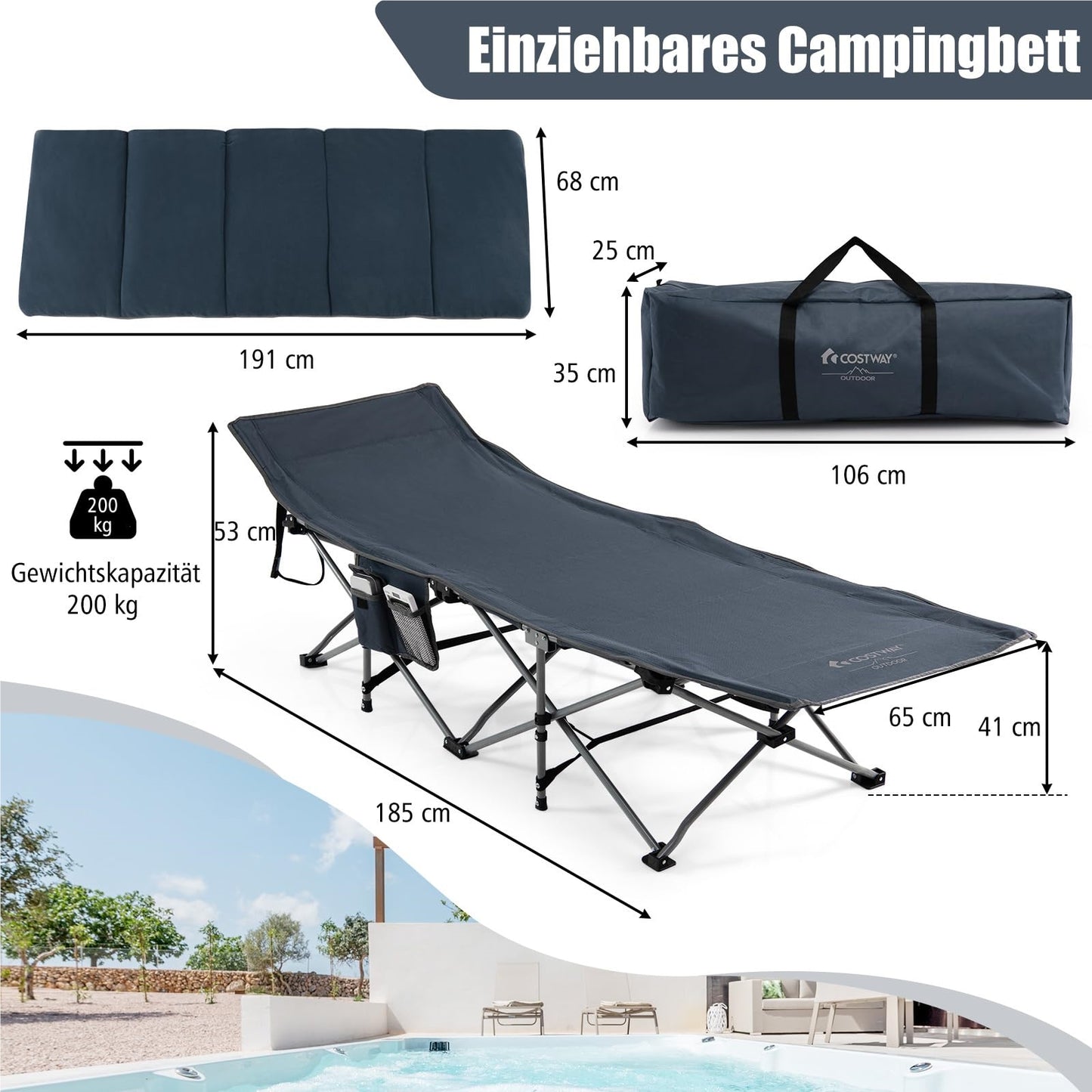 Opvouwbaar Campingbed – Veldbed – Outdoor Bed – Strandbed – Draagbaar Bed – Inclusief Matras En Kussen – Stevige Metalen Frame – Maximaal 150 Kg Belastbaar