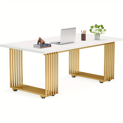 Bureau – Werktafel – Schrijftafel – Computertafel – Kantoortafel – 180 cm – Wit met gouden frame – Hittebestendig MDF blad – Verstelbare pootjes