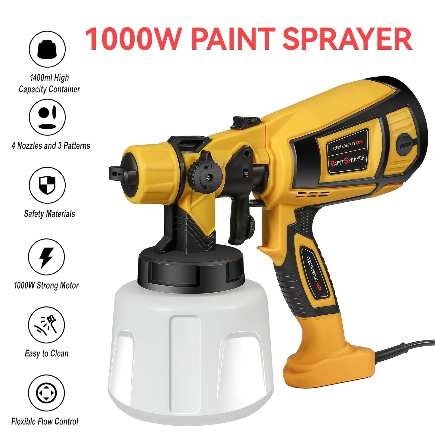 1000W 1400ml Electric Spray Gun High Power HVLP Paint Sprayer Auto Furniture Steel Coating Airbrush for Home DIY with 4 Nozzles