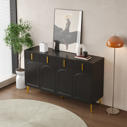 Dressoir – Opbergkast – Ladekast – Commode – TV-meubel – Mat Zwart Met Gouden Accenten – 4 Deuren En 4 Laden – Hardhout Met Afneembaar Laminaat – 140 cm Breed