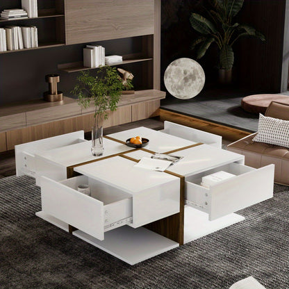 Salontafel – Koffietafel – Woonkamertafel – Bijzettafel – Tafel – Hoogglans Wit met Gouden Accenten – 78x78x34,8 cm – 4 Lades + Extra Opbergruimte
