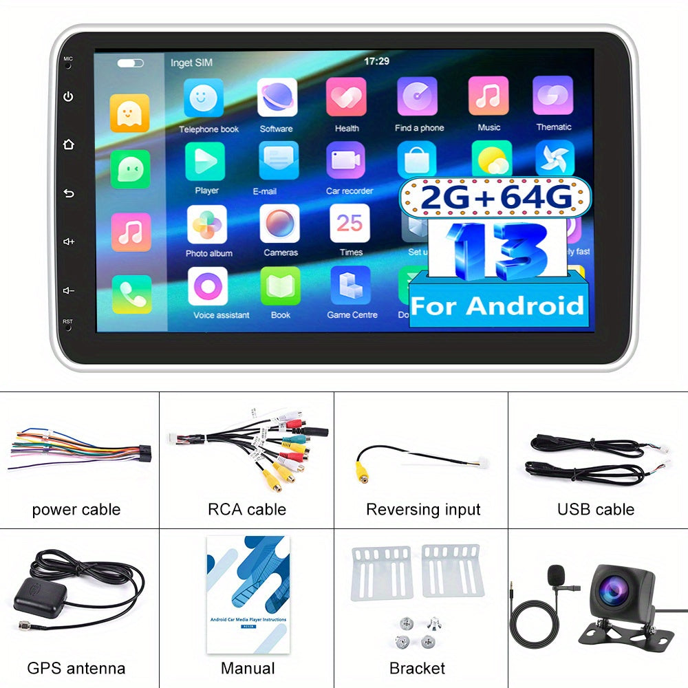 Android 15 Autoradio – 1 DIN Multimedia Systeem – Autospeaker – Navigatie Radio – Touchscreen Auto Audio – 10,1 Inch Draaibaar Scherm – 2GB RAM 64GB Opslag – Met Achteruitrijcamera en Microfoon