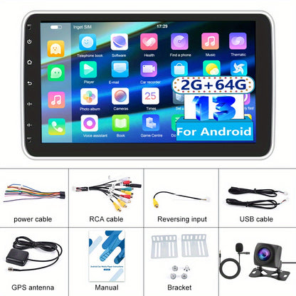 Android 15 Autoradio – 1 DIN Multimedia Systeem – Autospeaker – Navigatie Radio – Touchscreen Auto Audio – 10,1 Inch Draaibaar Scherm – 2GB RAM 64GB Opslag – Met Achteruitrijcamera en Microfoon