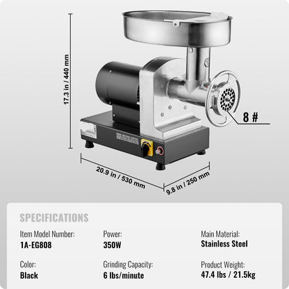 Elektrische Vleesmaler – Vleesmolen – Gehaktmolen – Worstmaker – 350W Motor – RVS Materiaal – 2,7 Kg Per Minuut