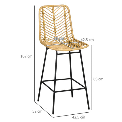 Barstoel Set – Barkruk – Keukenkruk – Counterstoel – Zithoek Stoel – Geel PE-Rattan – Stalen Frame – Voetsteun – 42,5x52x102 cm – Boho Design