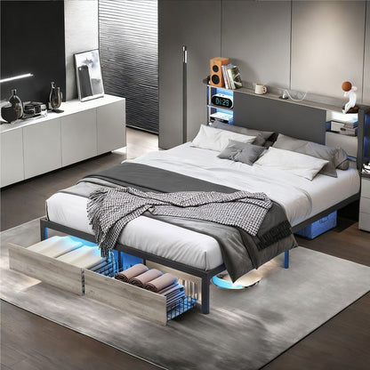 Tweepersoonsbed – Dubbelbed – Bedframe – Slaapbank – Opbergbed – 160 x 200 cm – PU Kunstleer Zwart – USB Poorten & LED Verlichting – Met Lade Opbergruimte