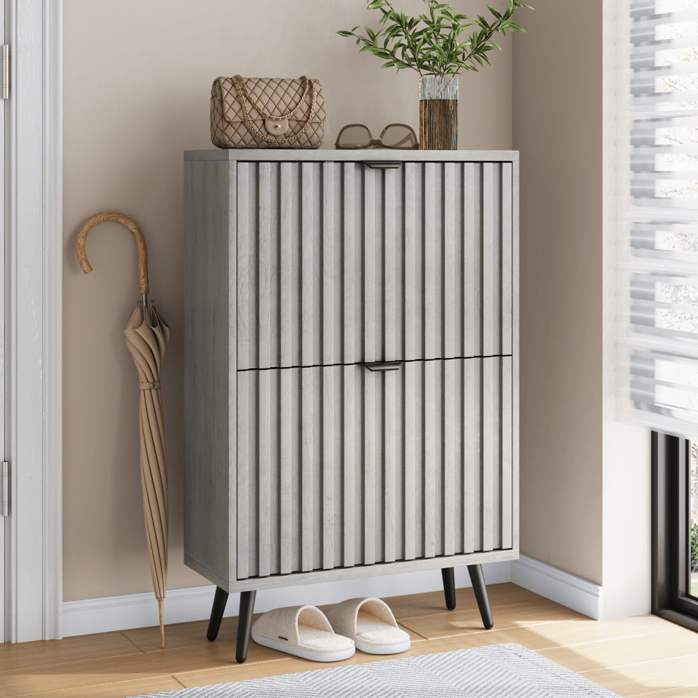 Schoenenkast – Schoenenrek – Opbergkast – Schoenenopberger – Halmeubel – Grijs MDF – 2 Dubbele Klapladen – Compact 60 cm Breed
