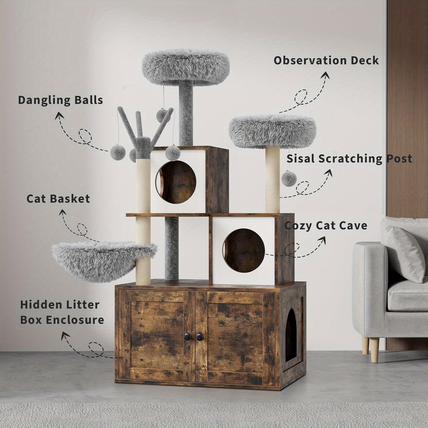 Kattenboom – Krabpaal – Kattenmeubel – Kattenhuis – Kattenkast – Verborgen Kattenbak – Duurzame Sisal Krabpaal – Ruimtebesparend Bruin-Wit Design