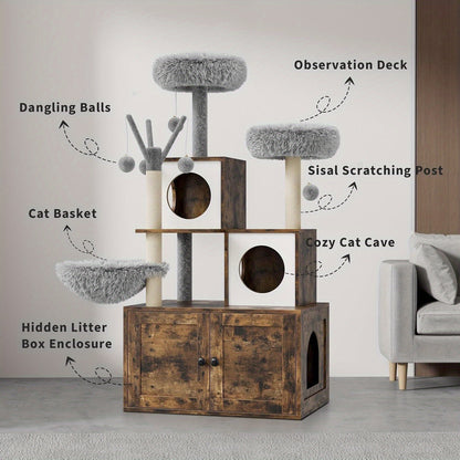 Kattenboom – Krabpaal – Kattenmeubel – Kattenhuis – Kattenkast – Verborgen Kattenbak – Duurzame Sisal Krabpaal – Ruimtebesparend Bruin-Wit Design