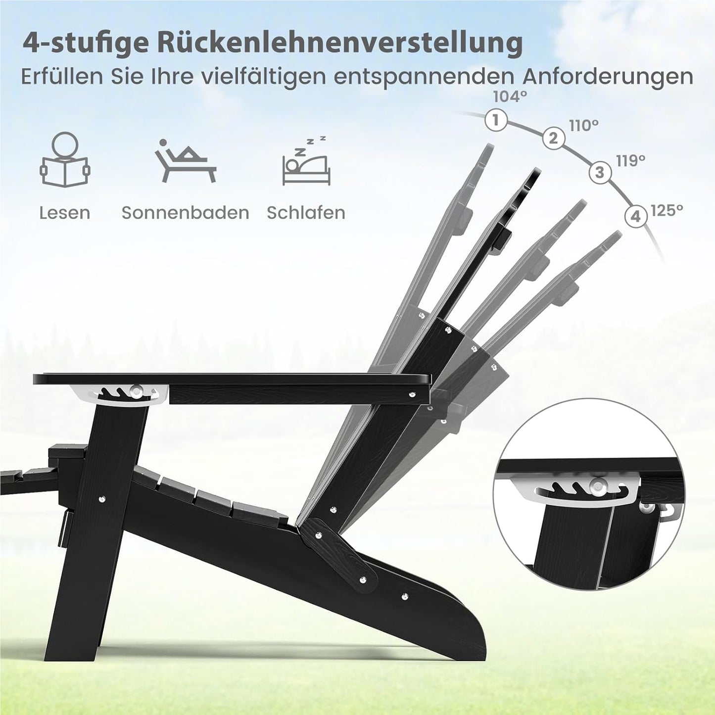 Adirondack Tuinstoel – Tuinstoel – Buitenstoel – Ligstoel – Relaxstoel – Vouwbaar Met Voetensteun – Weerbestendig Kunststof – Verstelbare Rugleuning – 180 Kg Draagvermogen – Zwart