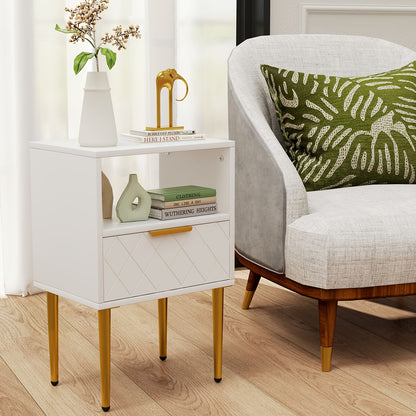 Moderne Minimalistische Nachtkast met 1 Lade en Gouden Poten – Ruimtebesparend Bedkastje met Open Plank, Duurzame Houtconstructie, Eenvoudig te Monteren – 68,6 cm Hoog – Ideaal voor Slaapkamer of Woonkamer