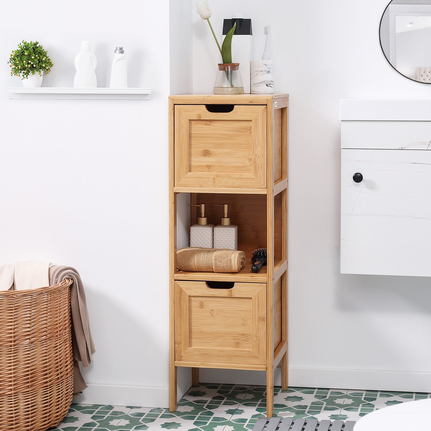 Bamboo Bathroom Cabinet, 1 Shelf, 2 Drawers, 30 Cm X 30 Cm X 90 Cm; Natural
