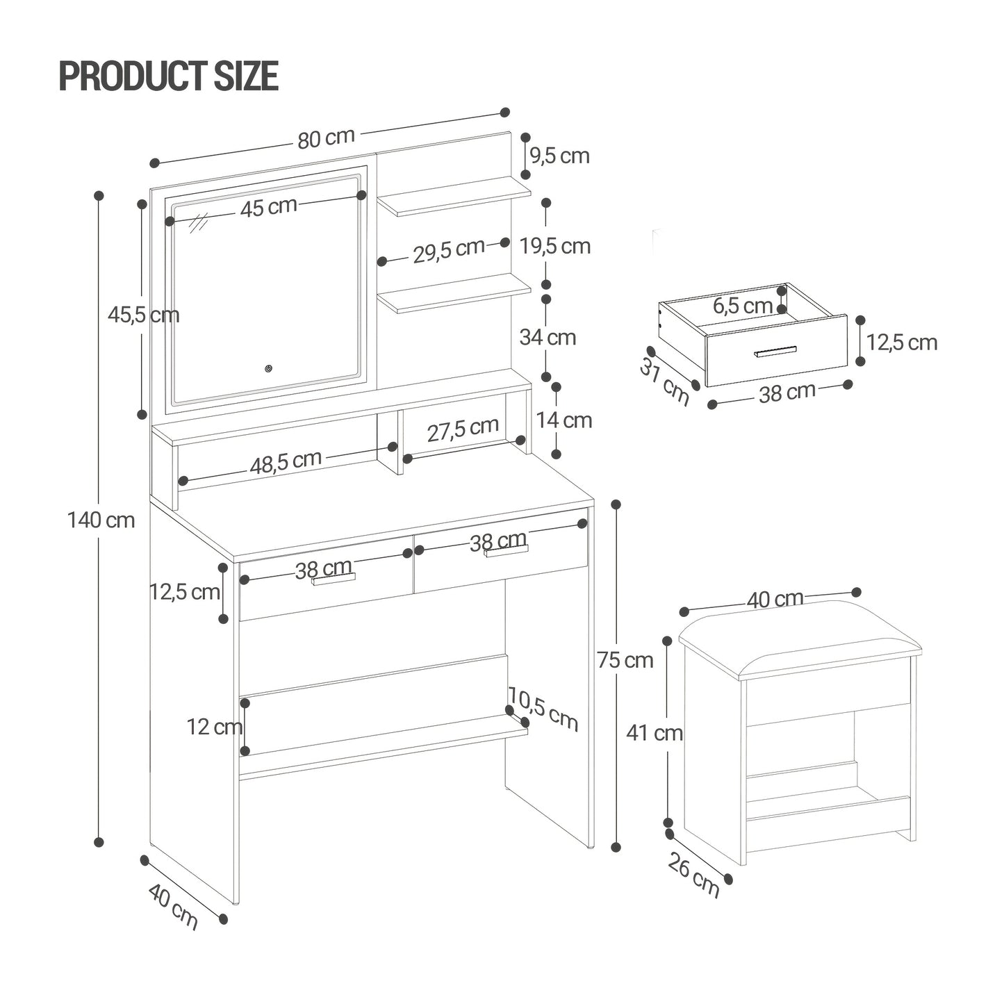 Kaptafel – Make-up Tafel – Dressing Table – Cosmeticatafel – Opmaaktafel – Verstelbare LED Verlichting – USB- & Stopcontacten – Wit – Met Kruk – 2 Lades – Open Planken – 140x80x40 cm – Houtvezelplaat