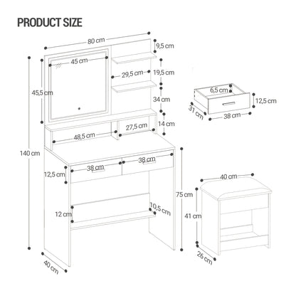 Kaptafel – Make-up Tafel – Dressing Table – Cosmeticatafel – Opmaaktafel – Verstelbare LED Verlichting – USB- & Stopcontacten – Wit – Met Kruk – 2 Lades – Open Planken – 140x80x40 cm – Houtvezelplaat