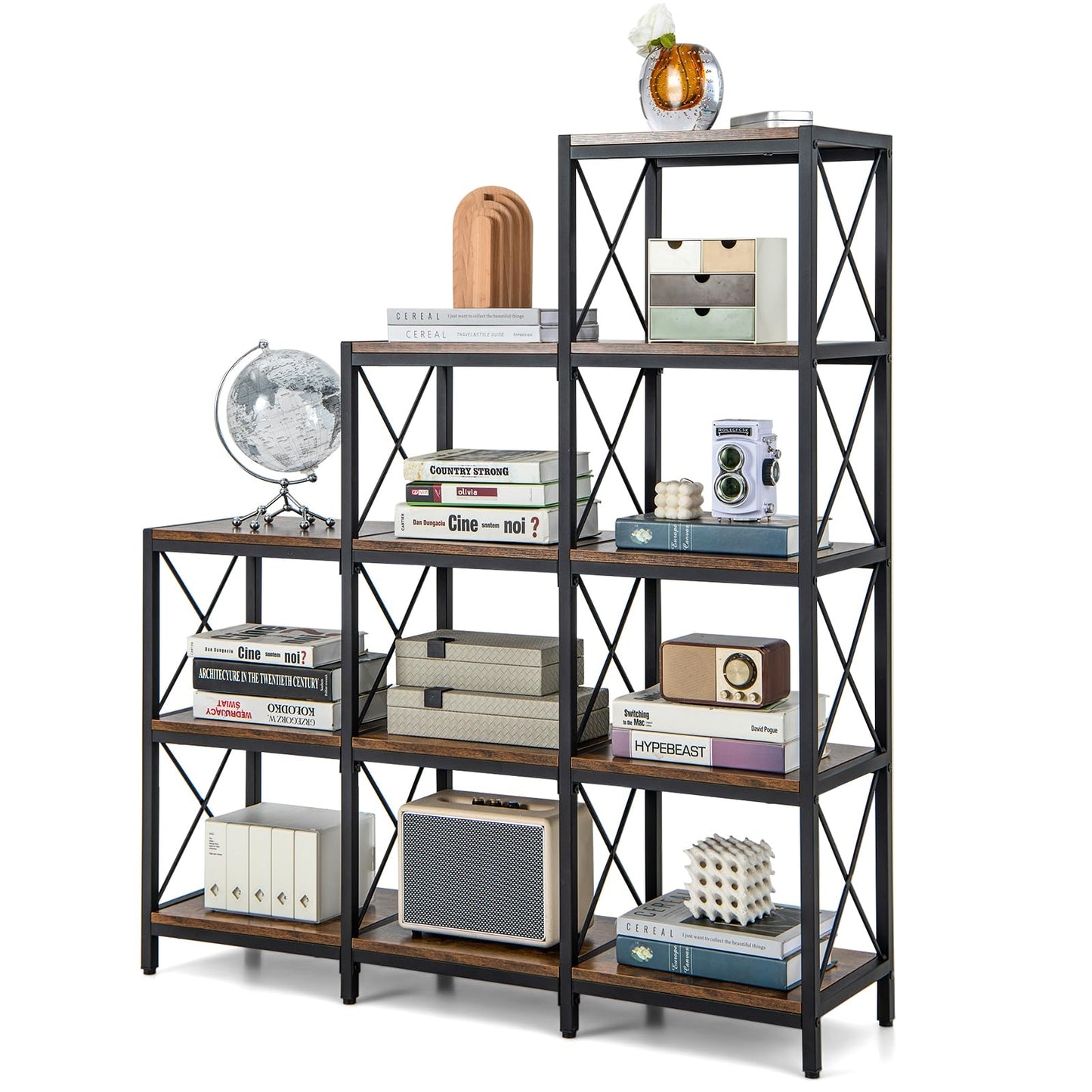 Boekenkast – Boekplank – Opbergkast – Vakkenkast – Staande Kast – Carbonstalen Frame – 12 Open Vakken – Industrieel Vintage Bruin – 115 x 30 x 130 cm