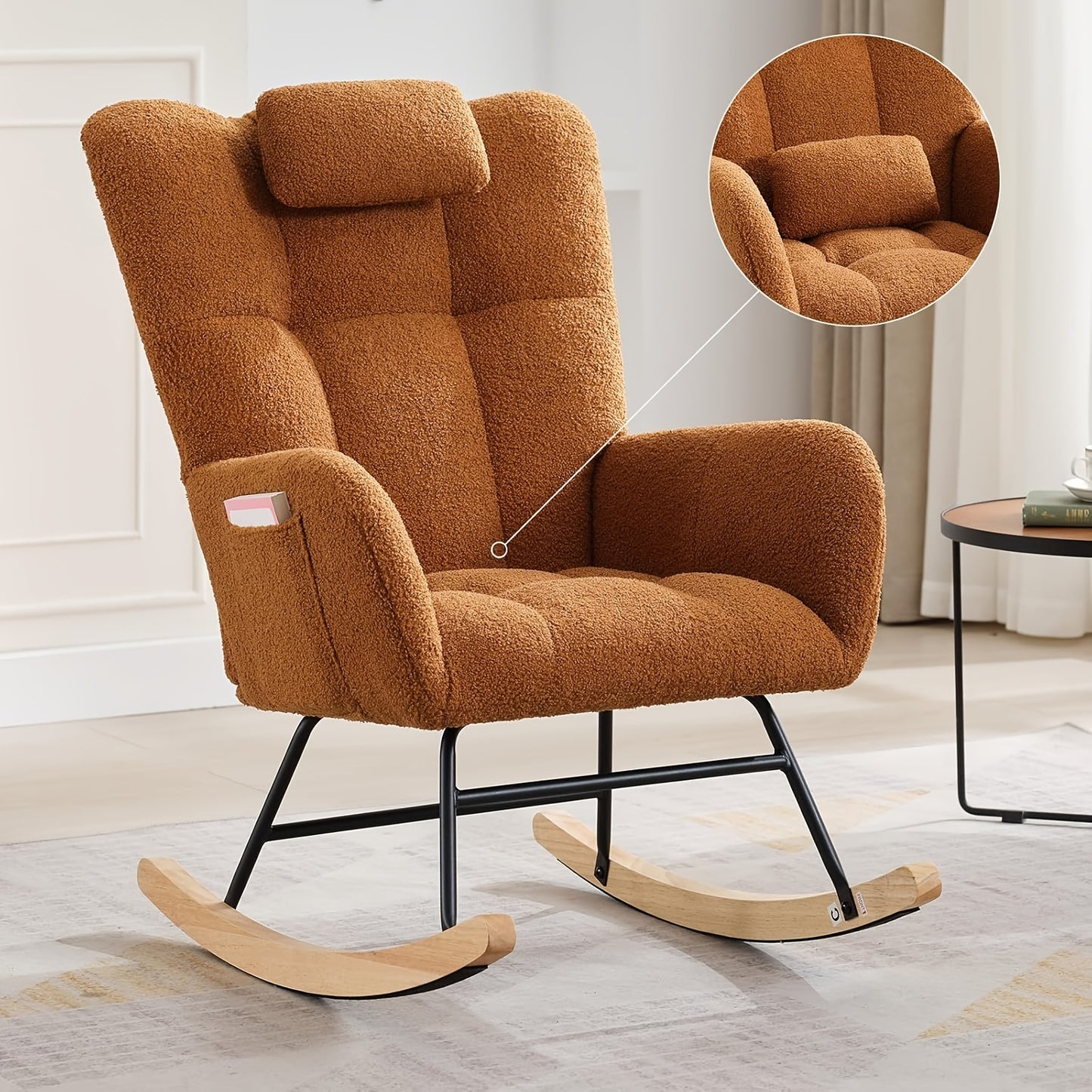 Schommelstoel Babykamer – Glider Stoel – Wiegstoel – Ruststoel – Rocker Chair – Met Zwaar Metalen Frame – Verstevigd Teddy Bruin Bekleed – 110° Schommelhoek – Hoge Rugleuning Met Armleuningen